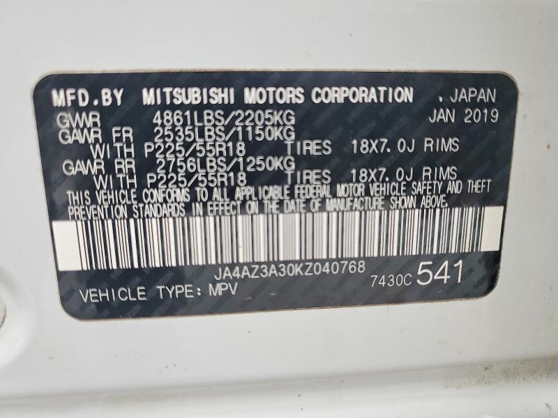 2019 Mitsubishi Outlander მანქანა იყიდება აუქციონზე, vin: JA4AZ3A30KZ040768, აუქციონის ნომერი: 71099456