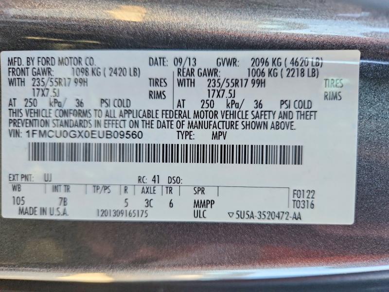 2014 Ford Escape მანქანა იყიდება აუქციონზე, vin: 1FMCU0GX0EUB09560, აუქციონის ნომერი: 70543736