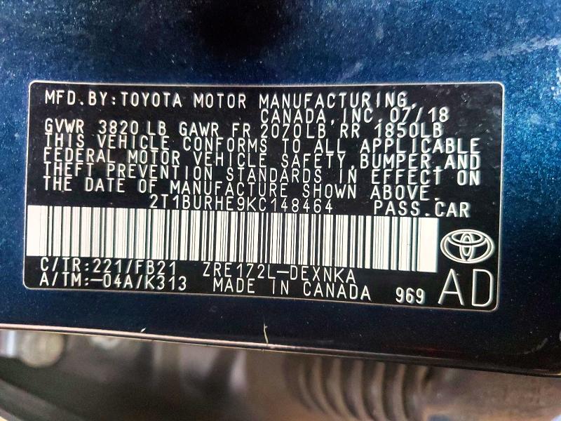 Aukcja sprzedaży 2019 Toyota Corolla, vin: 2T1BURHE9KC148464, numer aukcji: 69107126
