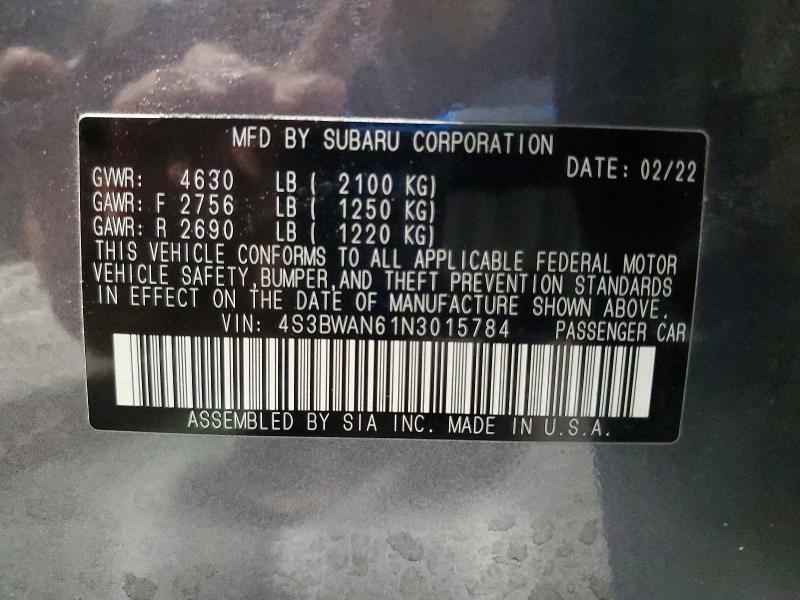 68562676 :رقم المزاد ، 4S3BWAN61N3015784 vin ، 2022 Subaru Legacy مزاد بيع