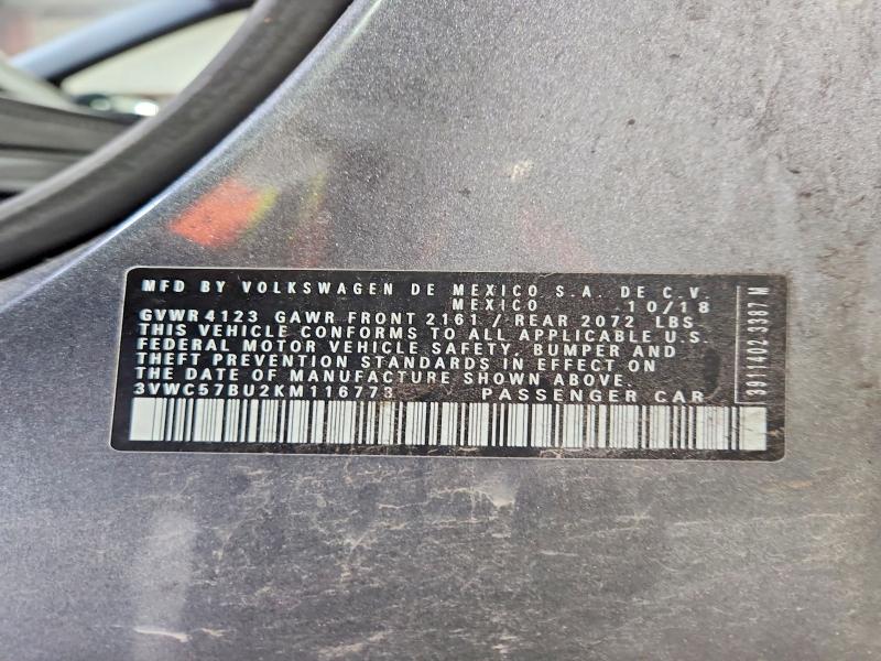 2019 Volkswagen Jetta მანქანა იყიდება აუქციონზე, vin: 3VWC57BU2KM116773, აუქციონის ნომერი: 70807066