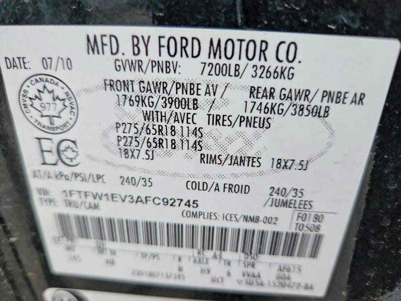 70438386 :رقم المزاد ، 1FTFW1EV3AFC92745 vin ، 2010 Ford F150 مزاد بيع