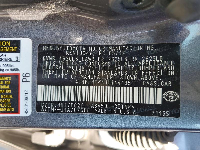 2017 Toyota Camry მანქანა იყიდება აუქციონზე, vin: 4T1BF1FK4HU444195, აუქციონის ნომერი: 67096306