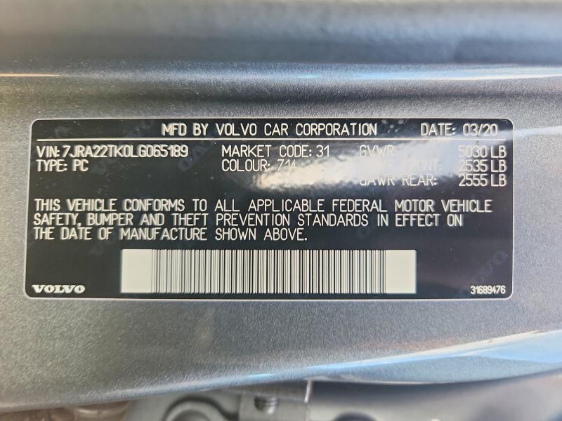 70330156 :رقم المزاد ، 7JRA22TK0LG065189 vin ، 2020 Volvo S60 مزاد بيع