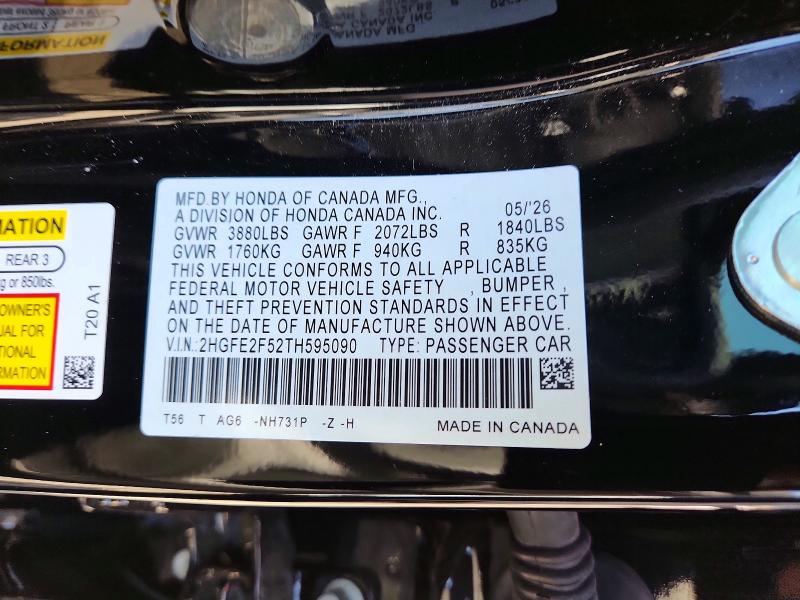 2026 Honda Civic მანქანა იყიდება აუქციონზე, vin: 2HGFE2F52TH595090, აუქციონის ნომერი: 68220456