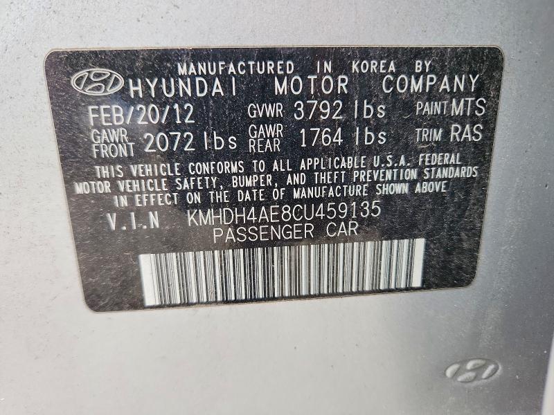 68221996 :رقم المزاد ، KMHDH4AE8CU459135 vin ، 2012 Hyundai Elantra مزاد بيع