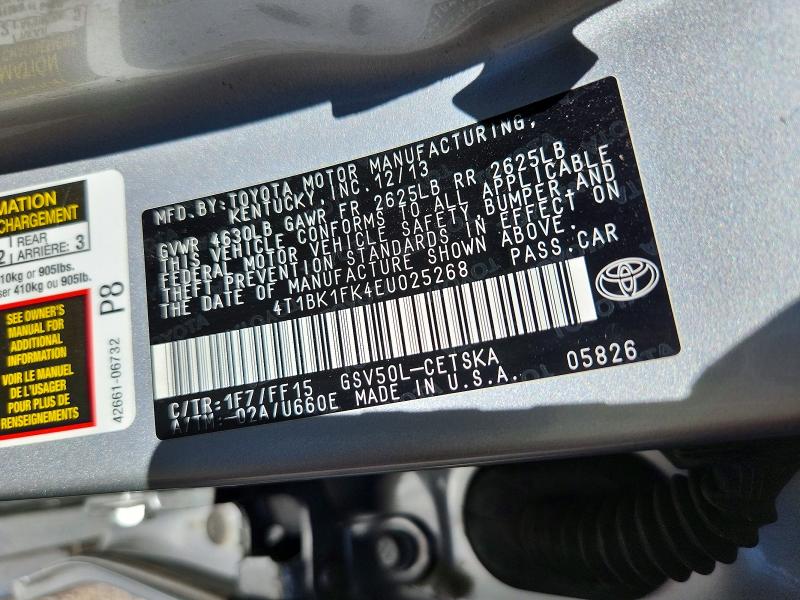 2014 Toyota Camry მანქანა იყიდება აუქციონზე, vin: 4T1BK1FK4EU025268, აუქციონის ნომერი: 69714616