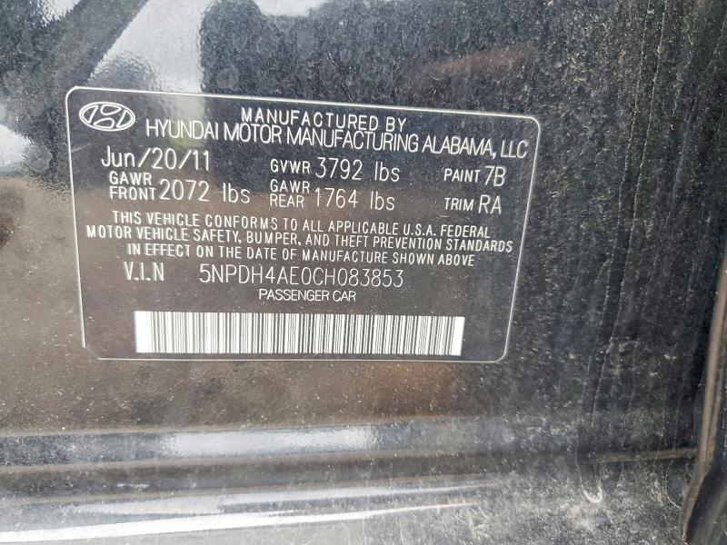 2012 Hyundai Elantra მანქანა იყიდება აუქციონზე, vin: 5NPDH4AE0CH083853, აუქციონის ნომერი: 70272266