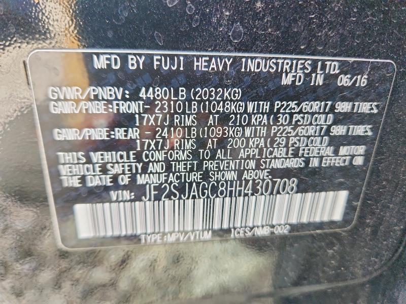 2017 Subaru Forester მანქანა იყიდება აუქციონზე, vin: JF2SJAGC8HH430708, აუქციონის ნომერი: 67319966