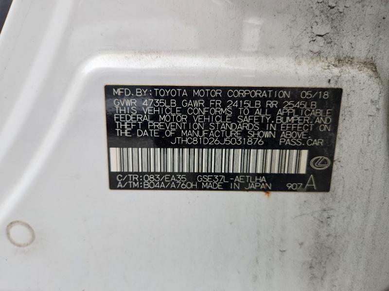 70349456 :رقم المزاد ، JTHC81D26J5031876 vin ، 2018 Lexus Is مزاد بيع