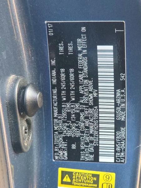 69829356 :رقم المزاد ، 5TDZZRFH2HS198054 vin ، 2017 Toyota Highlander مزاد بيع