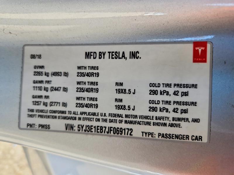 67753486 :رقم المزاد ، 5YJ3E1EB7JF069172 vin ، 2018 Tesla Model 3 مزاد بيع