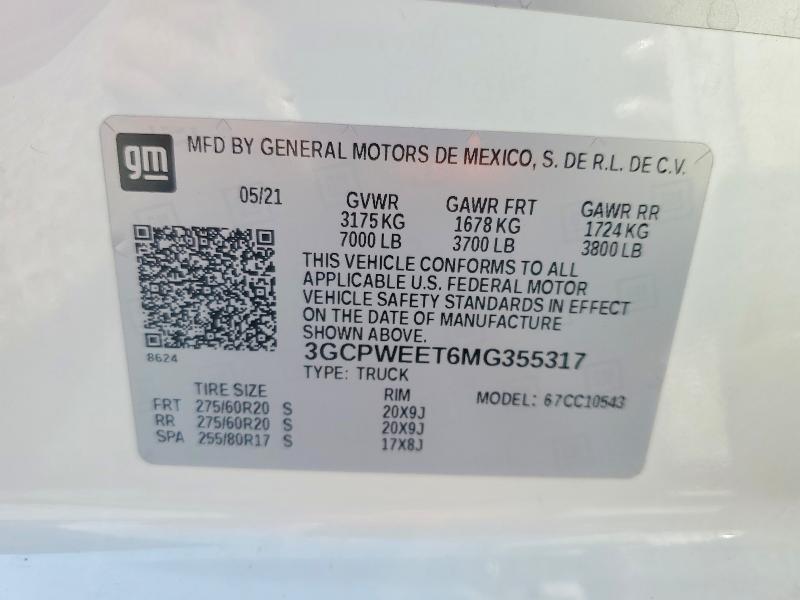 Aukcja sprzedaży 2021 Chevrolet Silverado, vin: 3GCPWEET6MG355317, numer aukcji: 70480976