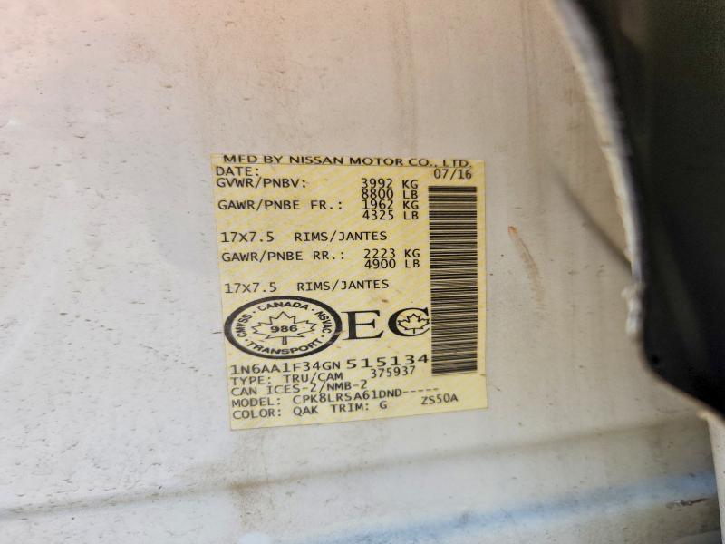 2016 Nissan Titan Xd მანქანა იყიდება აუქციონზე, vin: 1N6AA1F34GN515134, აუქციონის ნომერი: 68059256