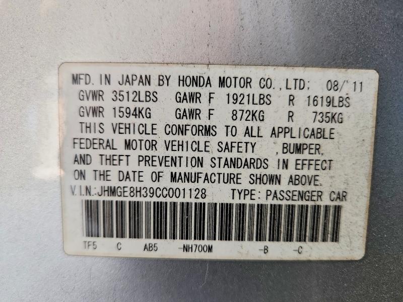Aukcja sprzedaży 2012 Honda Fit, vin: JHMGE8H39CC001128, numer aukcji: 67512566