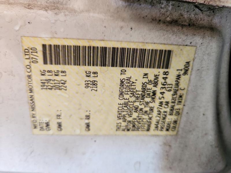 2010 Nissan Altima მანქანა იყიდება აუქციონზე, vin: 1N4AL2AP7AN543648, აუქციონის ნომერი: 68651556