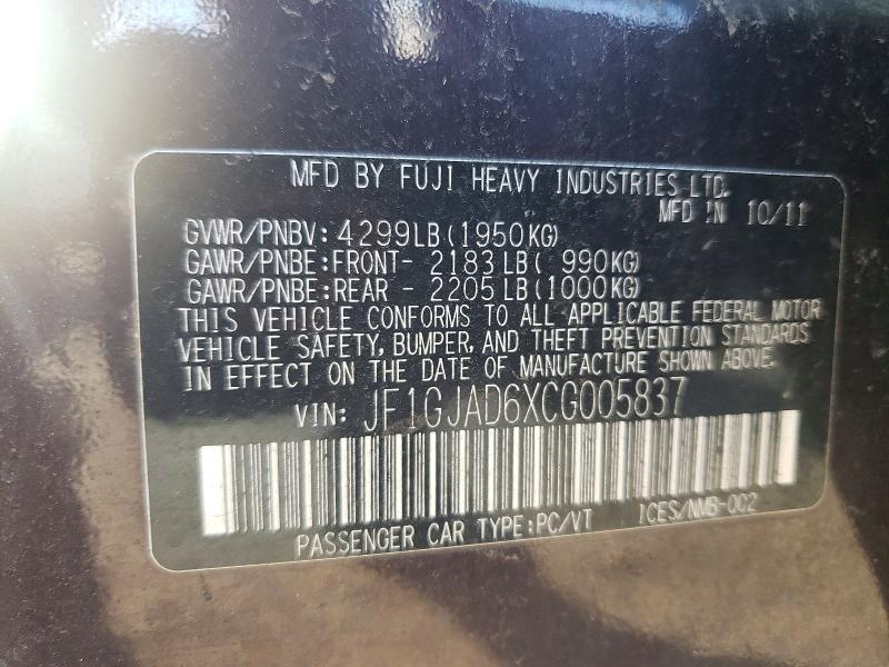 Продажа на аукционе авто 2012 Subaru Impreza, vin: JF1GJAD6XCG005837, номер лота: 69612636