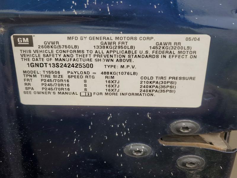2004 Chevrolet Trailblazer მანქანა იყიდება აუქციონზე, vin: 1GNDT13S242425300, აუქციონის ნომერი: 70134916