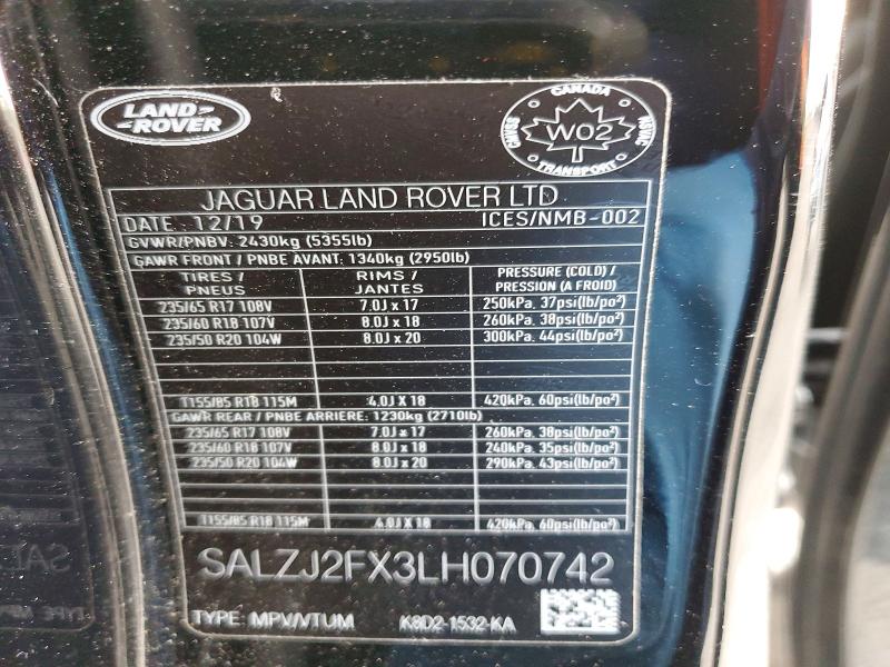 2020 Land Rover Range Rover Evoque მანქანა იყიდება აუქციონზე, vin: SALZJ2FX3LH070742, აუქციონის ნომერი: 69066356