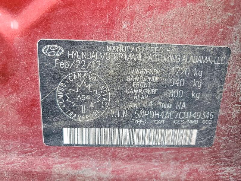 Aukcja sprzedaży 2012 Hyundai Elantra, vin: 5NPDH4AE7CH149346, numer aukcji: 70508346
