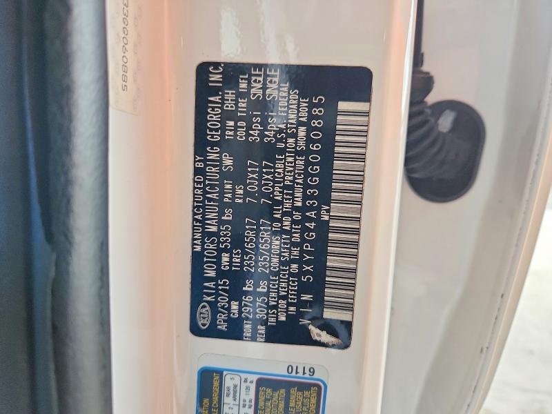 70449586 :رقم المزاد ، 5XYPG4A33GG060885 vin ، 2016 Kia Sorento مزاد بيع