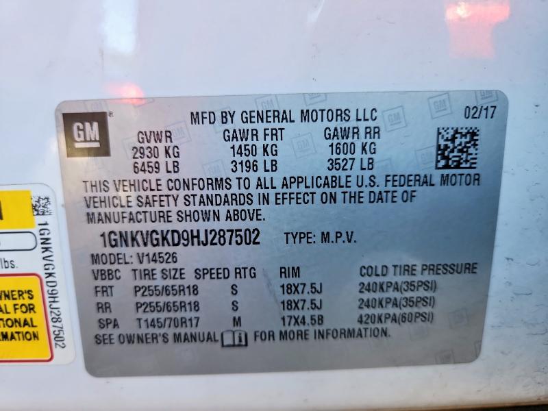 2017 Chevrolet Traverse მანქანა იყიდება აუქციონზე, vin: 1GNKVGKD9HJ287502, აუქციონის ნომერი: 69167206