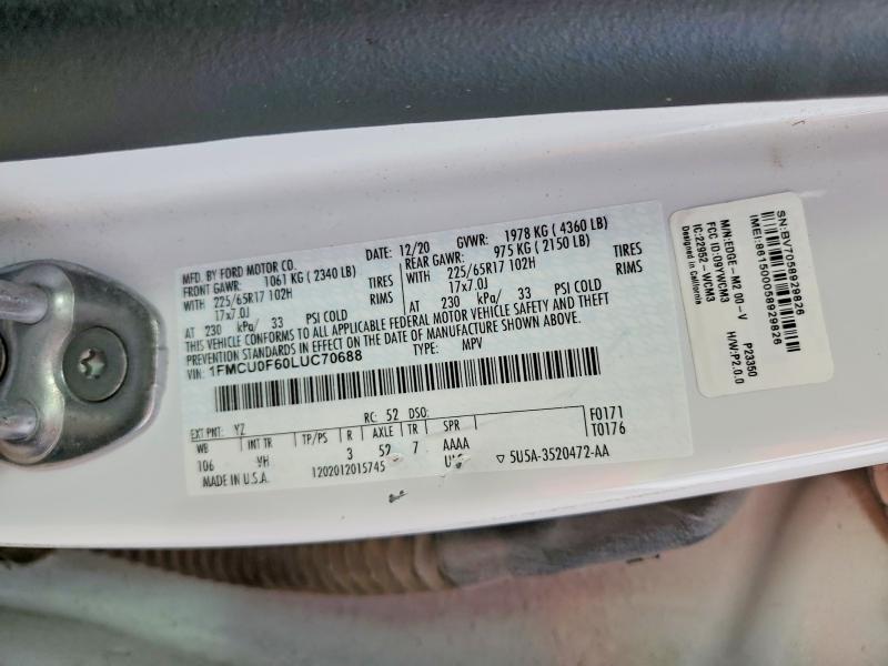 Продажа на аукционе авто 2020 Ford Escape, vin: 1FMCU0F60LUC70688, номер лота: 70138186