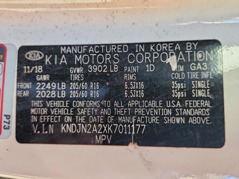 68086356 :رقم المزاد ، KNDJN2A2XK7011177 vin ، 2019 Kia Soul مزاد بيع