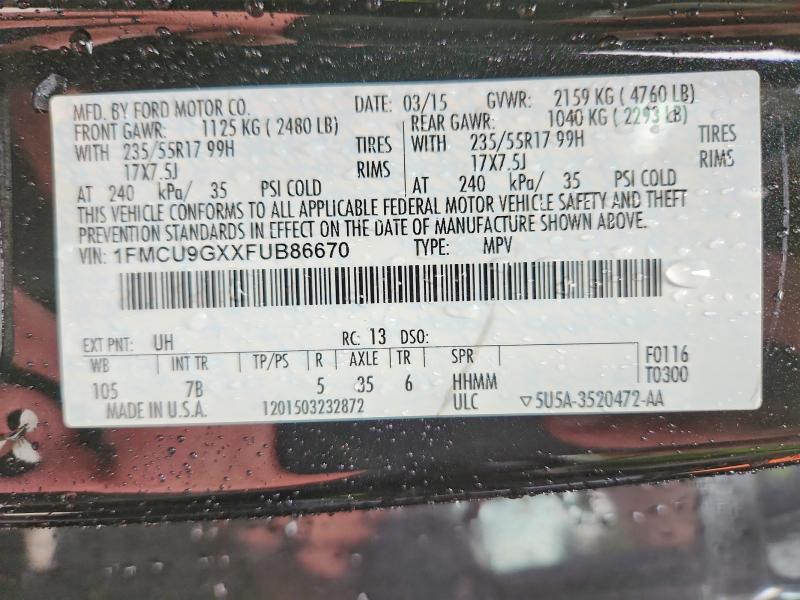 2015 Ford Escape მანქანა იყიდება აუქციონზე, vin: 1FMCU9GXXFUB86670, აუქციონის ნომერი: 70842796