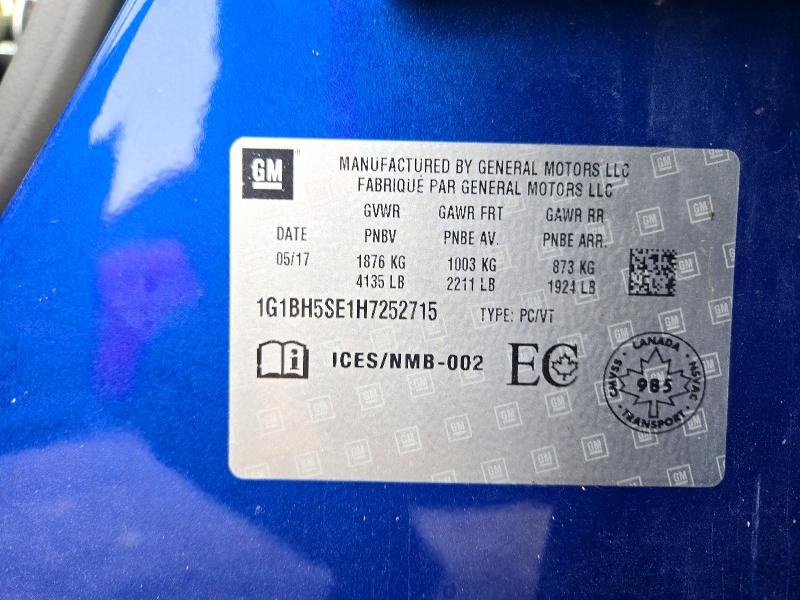 Aukcja sprzedaży 2017 Chevrolet Cruze, vin: 1G1BH5SE1H7252715, numer aukcji: 69679116