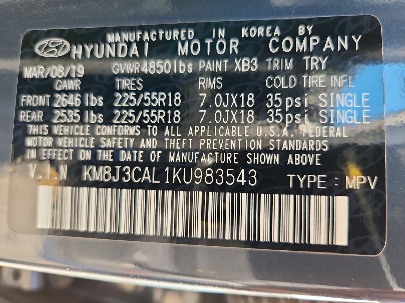 Продаж на аукціоні авто 2019 Hyundai Tucson, vin: KM8J3CAL1KU983543, номер лоту: 68234116