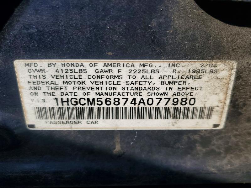 2004 Honda Accord მანქანა იყიდება აუქციონზე, vin: 1HGCM56874A077980, აუქციონის ნომერი: 64145276