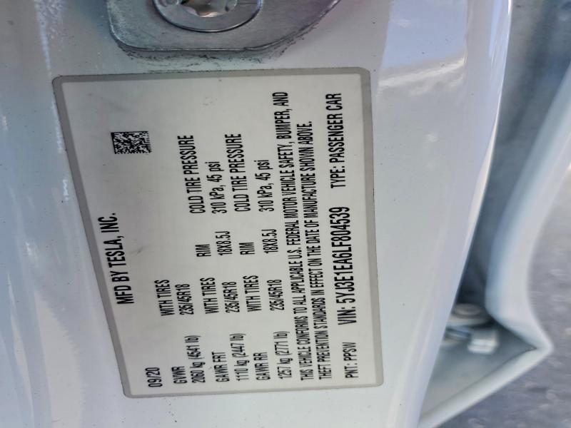 2020 Tesla Model 3 მანქანა იყიდება აუქციონზე, vin: 5YJ3E1EA6LF804539, აუქციონის ნომერი: 68378646