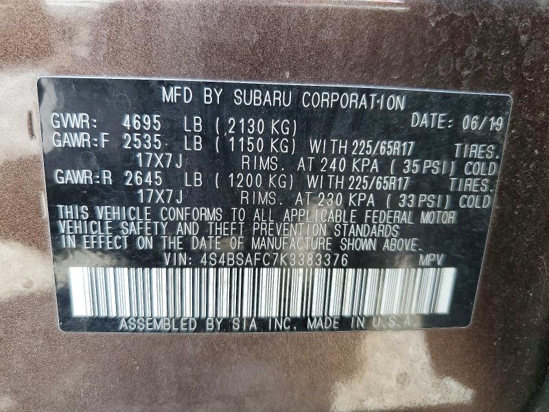 Продажа на аукционе авто 2019 Subaru Outback, vin: 4S4BSAFC7K3383376, номер лота: 67420246