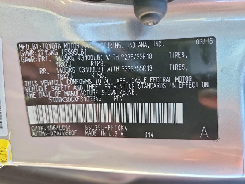 Aukcja sprzedaży 2015 Toyota Sienna, vin: 5TDDK3DCXFS105345, numer aukcji: 68019776