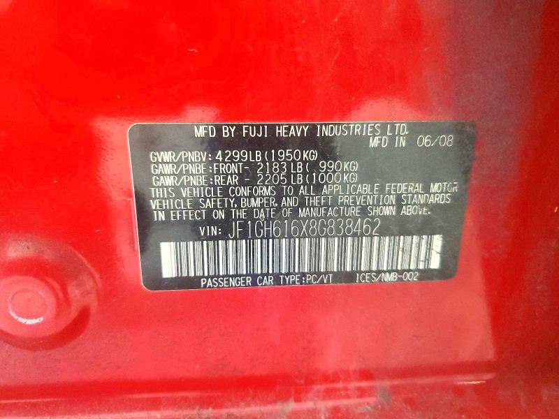 2008 Subaru Impreza მანქანა იყიდება აუქციონზე, vin: JF1GH616X8G838462, აუქციონის ნომერი: 67968306