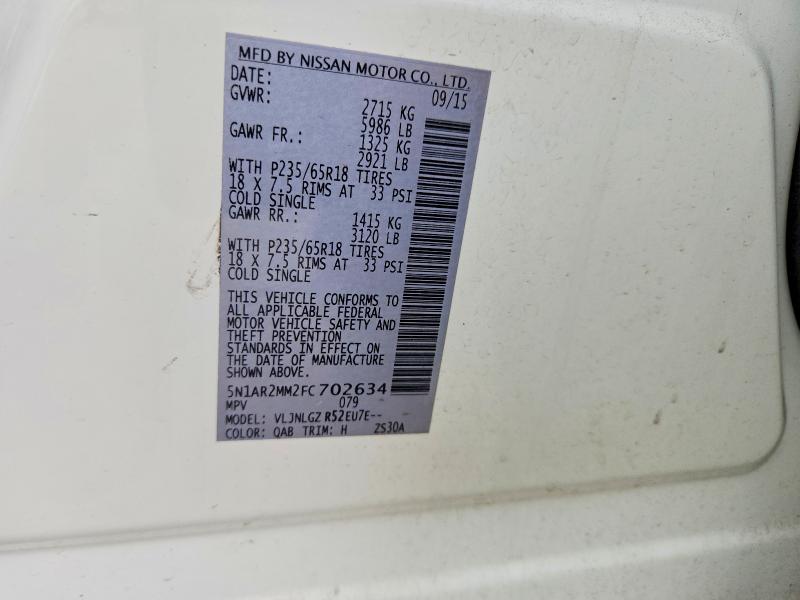 2015 Nissan Pathfinder მანქანა იყიდება აუქციონზე, vin: 5N1AR2MM2FC702634, აუქციონის ნომერი: 70367946