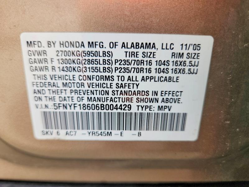 70146716 :رقم المزاد ، 5FNYF18606B004429 vin ، 2006 Honda Pilot مزاد بيع