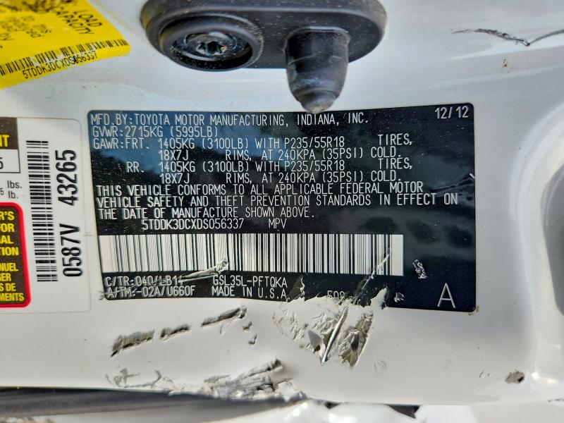 2013 Toyota Sienna მანქანა იყიდება აუქციონზე, vin: 5TDDK3DCXDS056337, აუქციონის ნომერი: 68272076