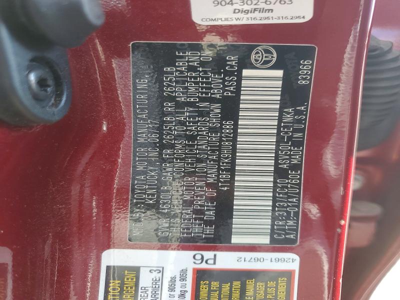 2017 Toyota Camry მანქანა იყიდება აუქციონზე, vin: 4T1BF1FK9HU812886, აუქციონის ნომერი: 68811086
