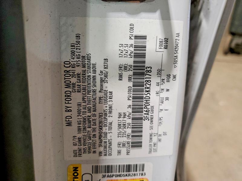 Продажа на аукционе авто 2019 Ford Fusion, vin: 3FA6P0HD5KR281783, номер лота: 67669046