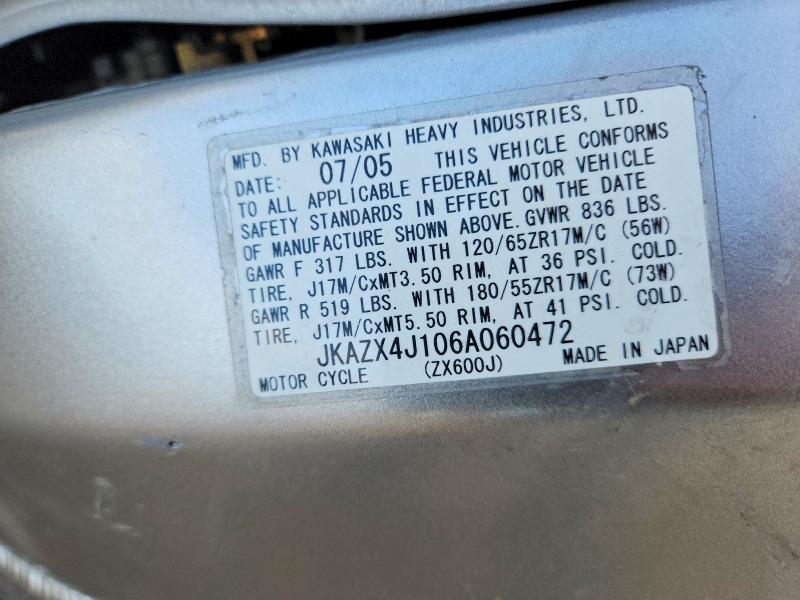 67838136 :رقم المزاد ، JKAZX4J106A060472 vin ، 2006 Kawasaki Zx600 مزاد بيع