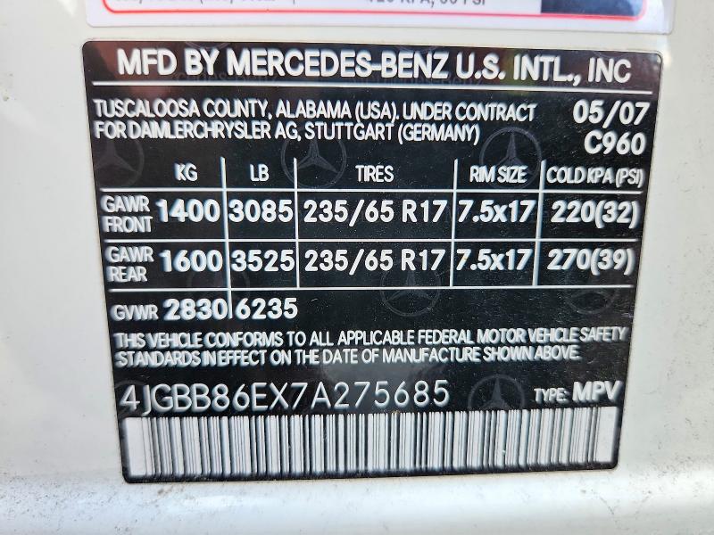 68152266 :رقم المزاد ، 4JGBB86EX7A275685 vin ، 2007 Mercedes-benz Ml مزاد بيع