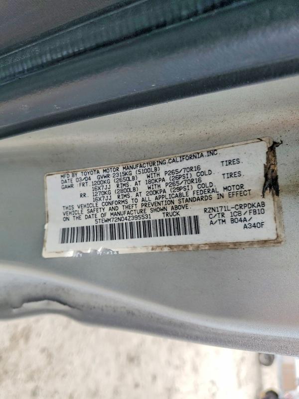 Aukcja sprzedaży 2004 Toyota Tacoma, vin: 5TEWM72N04Z395531, numer aukcji: 70048286