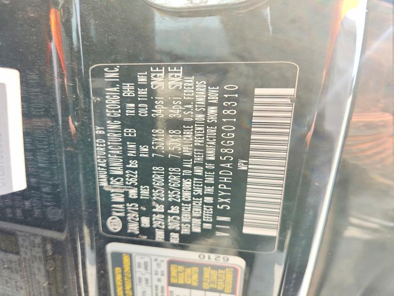 68805006 :رقم المزاد ، 5XYPHDA58GG018310 vin ، 2016 Kia Sorento مزاد بيع