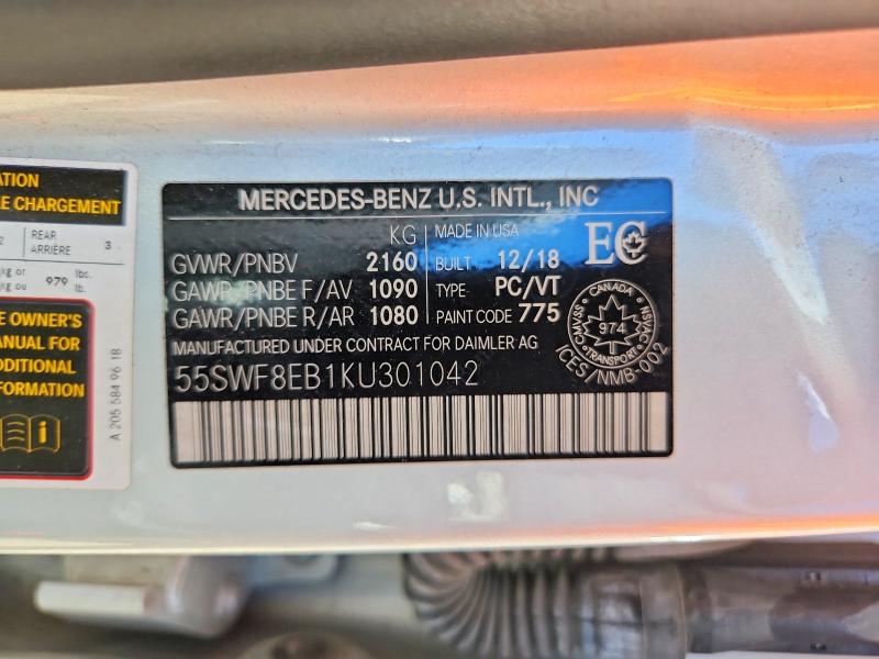 Продажа на аукционе авто 2019 Mercedes-benz C, vin: 55SWF8EB1KU301042, номер лота: 68047406