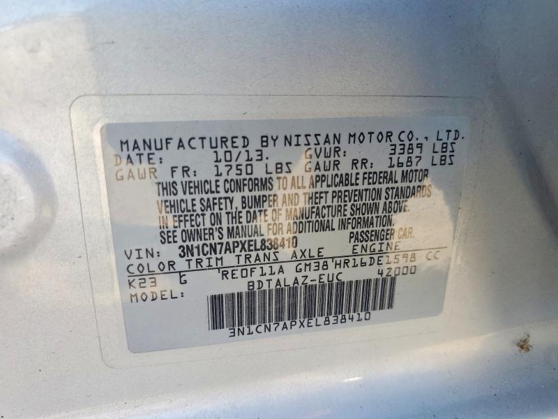 2014 Nissan Versa მანქანა იყიდება აუქციონზე, vin: 3N1CN7APXEL838410, აუქციონის ნომერი: 68267496
