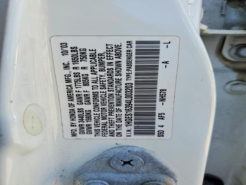 2004 Honda Civic მანქანა იყიდება აუქციონზე, vin: 1HGES16394L003203, აუქციონის ნომერი: 69580586