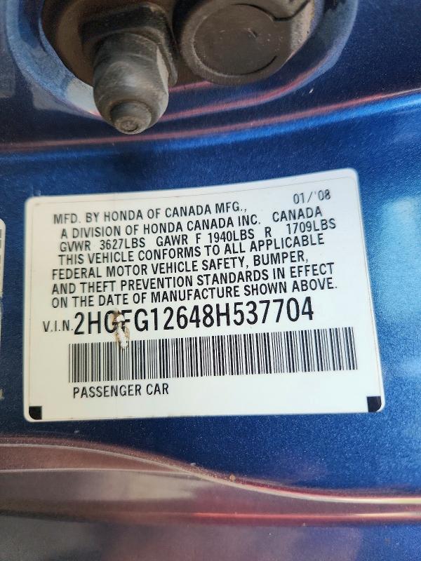 68021596 :رقم المزاد ، 2HGFG12648H537704 vin ، 2008 Honda Civic مزاد بيع