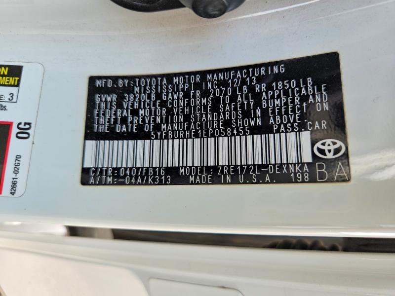 71060136 :رقم المزاد ، 5YFBURHE1EP058455 vin ، 2014 Toyota Corolla مزاد بيع